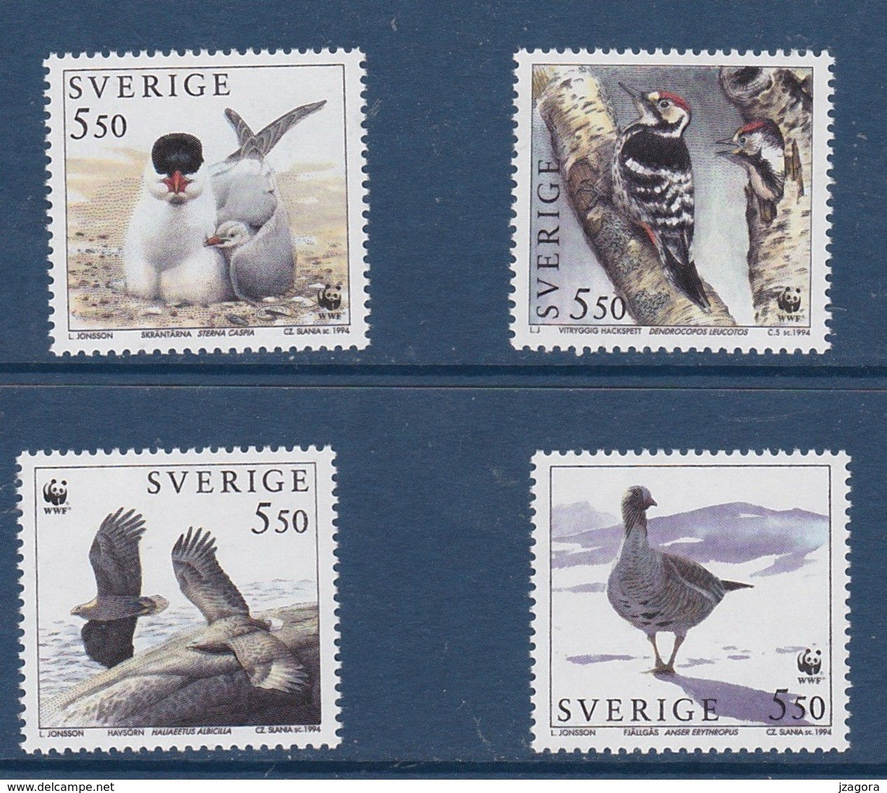 PROTECTED BIRDS OF SWEDEN SUEDE SCHWEDEN 1994 MNH MI 1847 - 1850 Caspian Tern Sea Eagle Woodpeacer Lesser Goose Slania - Águilas & Aves De Presa