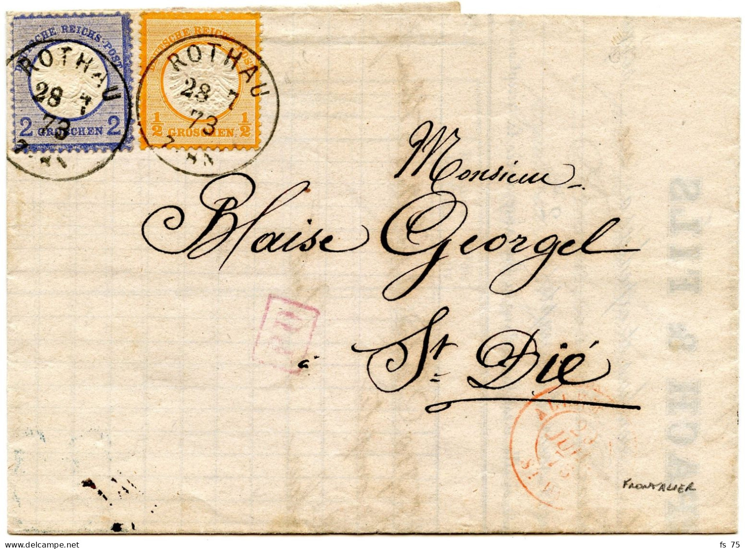 ALLEMAGNE - EMPIRE - 1/2 G. + 2 G. SUR LETTRE DE ROTHAU POUR SAINT DIE RAYON FRONTALIER, 1873 - Storia Postale