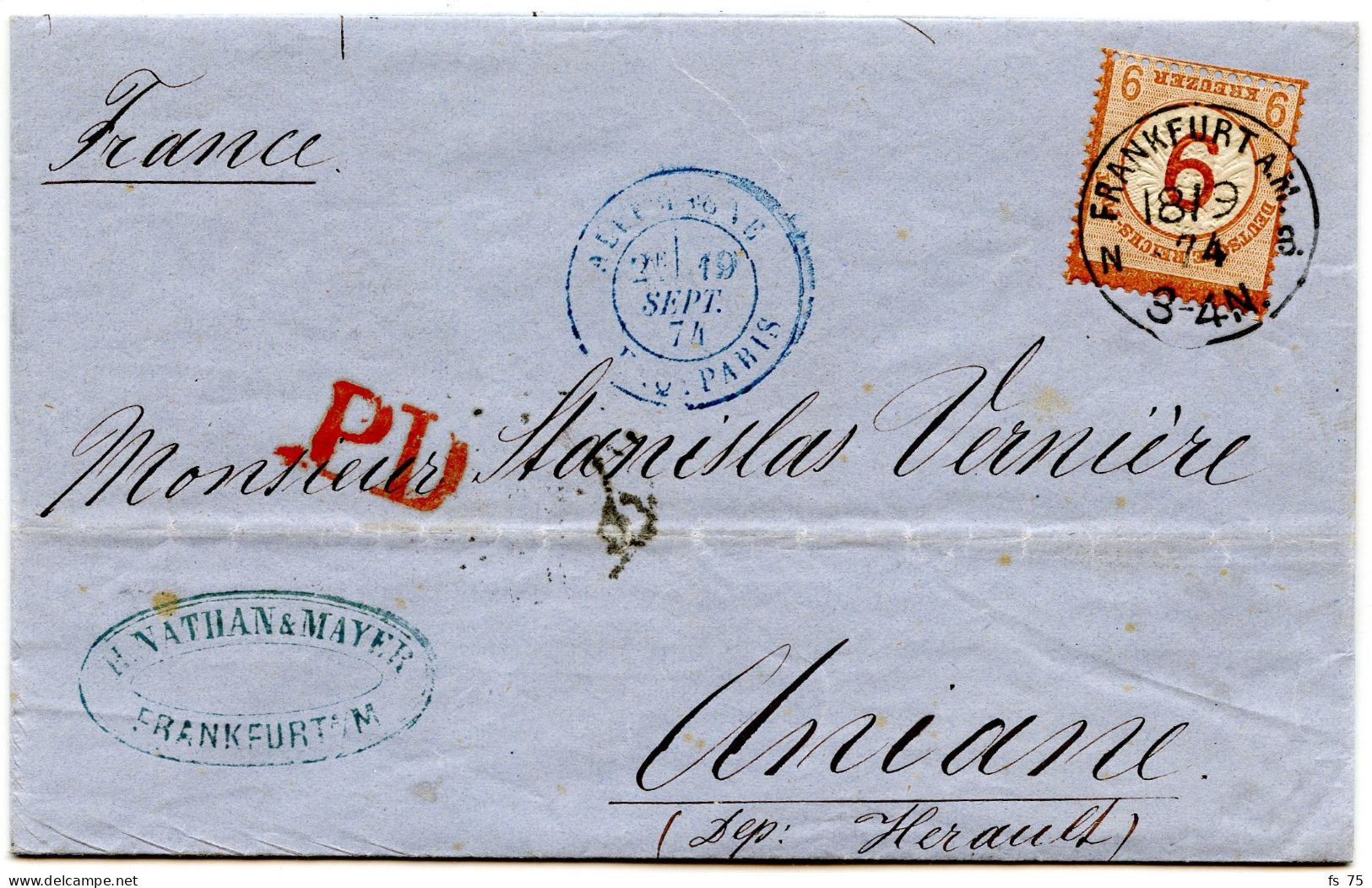 ALLEMAGNE - EMPIRE - 9 KR. SUR LETTRE DE FRANCFORT POUR LA FRANCE, 1874 - Briefe U. Dokumente