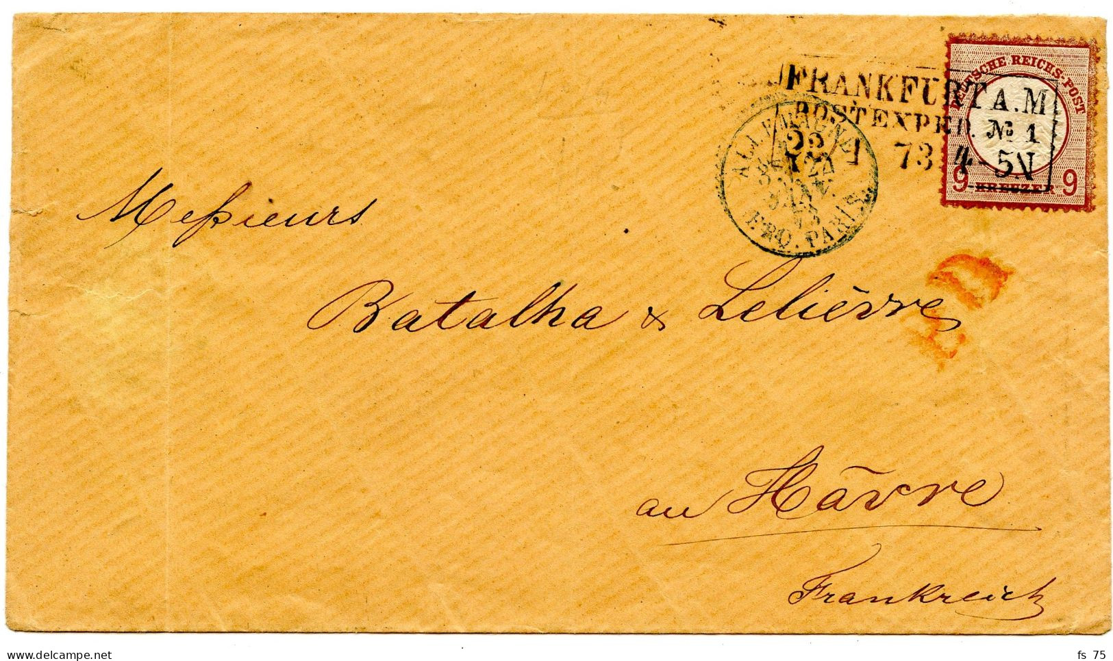 ALLEMAGNE - EMPIRE - 9 KR. SUR LETTRE DE FRANCFORT POUR LA FRANCE, 1873 - Storia Postale