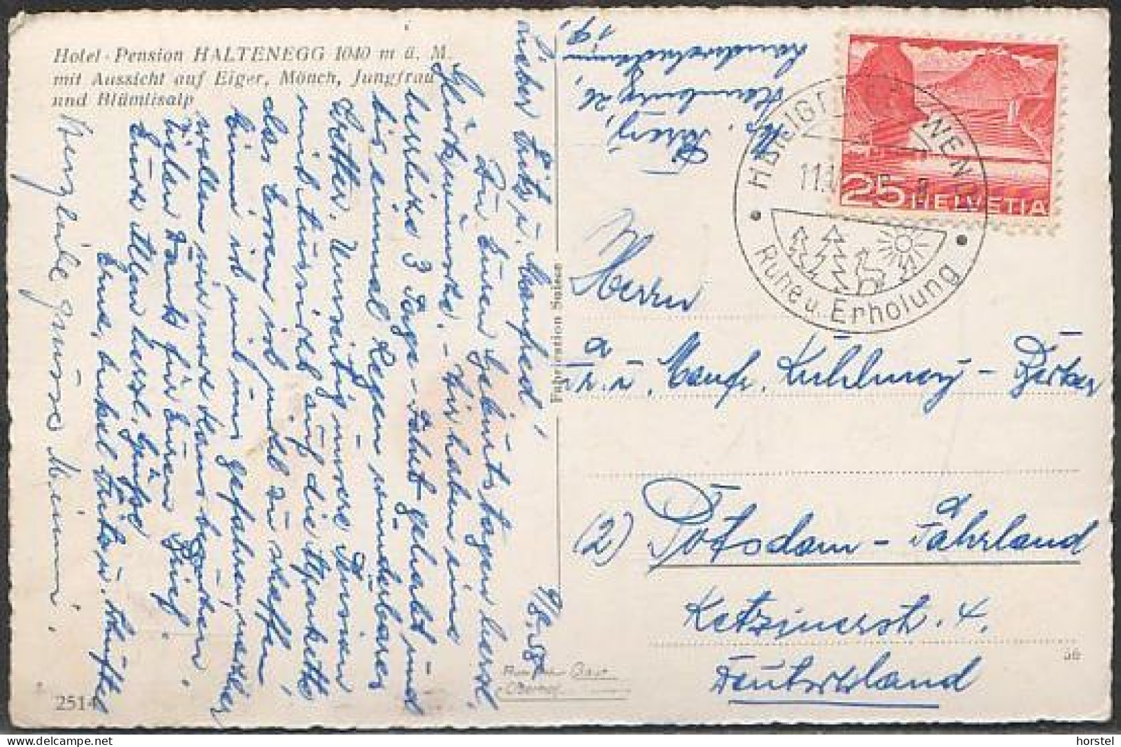 Schweiz - 3625 Heiligenschwendi - Hotel - Pension Haltenegg - Nice Stamp 1958 - Heiligenschwendi