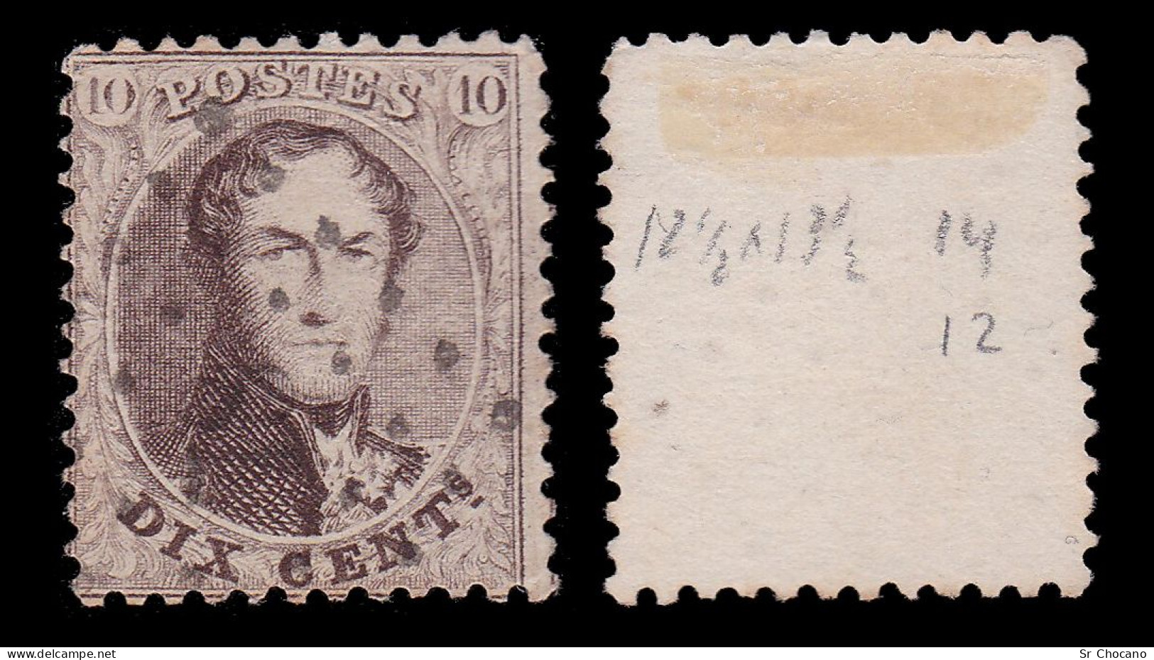 BELGIUM.1863.K.Leopold I.10c.YVERT 14c.USED.P.12 ½ X 13 ½ - 1863-1864 Medaillen (13/16)