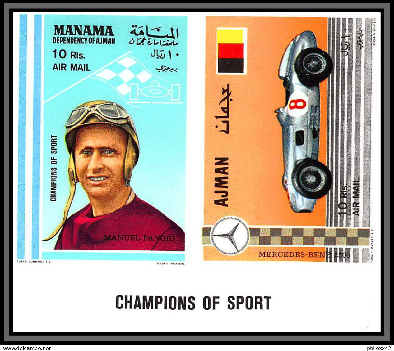 Manama - 5052a/ Mi 147/152 B Ajman A 375/380 B Cars Motor Racing Voiture MNH Non Dentelé Imperf 1969 Fangio Ferrari - Automovilismo