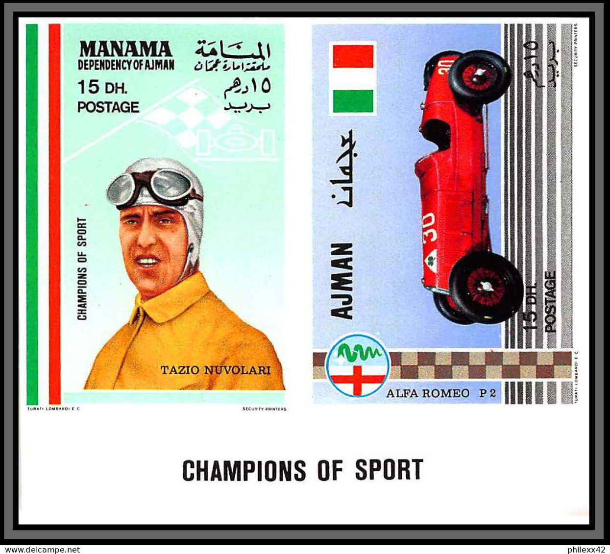Manama - 5052a/ Mi 147/152 B Ajman A 375/380 B Cars Motor Racing Voiture MNH Non Dentelé Imperf 1969 Fangio Ferrari - Auto's