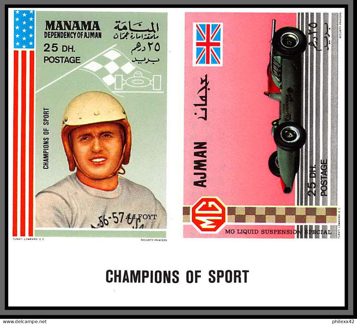 Manama - 5052a/ Mi 147/152 B Ajman A 375/380 B Cars Motor Racing Voiture MNH Non Dentelé Imperf 1969 Fangio Ferrari - Auto's