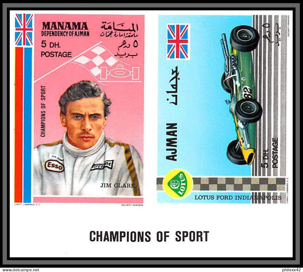 Manama - 5052a/ Mi 147/152 B Ajman A 375/380 B Cars Motor racing Voiture MNH Non dentelé imperf 1969 fangio ferrari