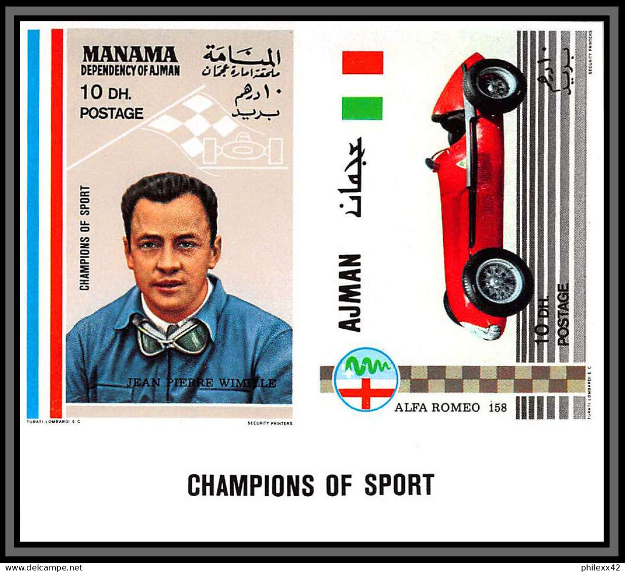 Manama - 5052a/ Mi 147/152 B Ajman A 375/380 B Cars Motor racing Voiture MNH Non dentelé imperf 1969 fangio ferrari