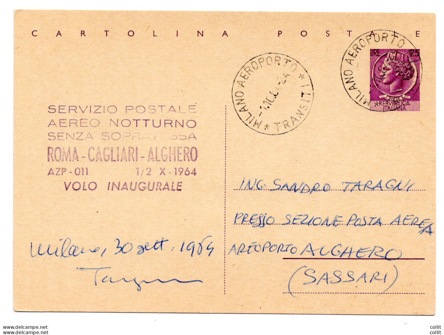 Alitalia Roma/Alghero Del 1.10.64 - Cartolina Postale Lire 25 - Poste Aérienne