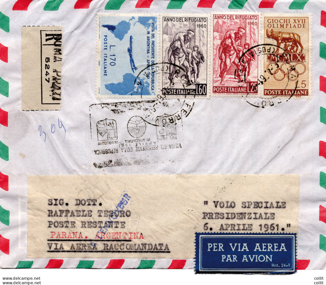 Alitalia Roma/Buenos Aires Del 6.4.61 - Aerogramma Racc. Per Paranà - Airmail