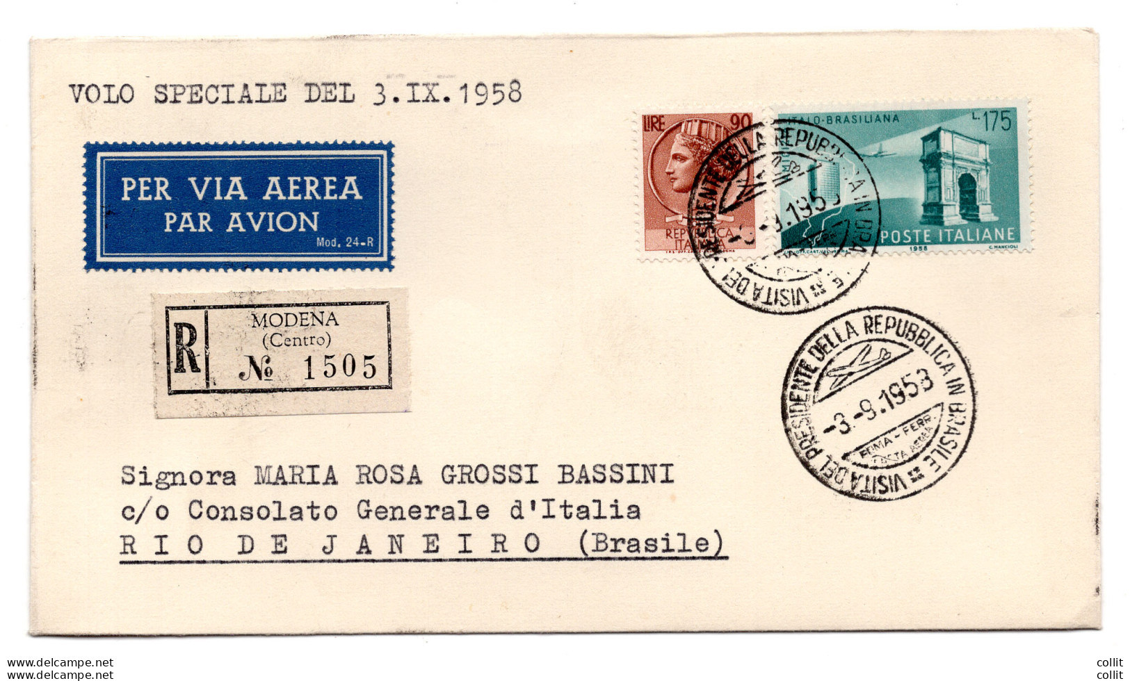 Alitalia Roma/Rio De Janeiro Del 3.9.58 - Aerogramma Racc. Per Rio - Poste Aérienne