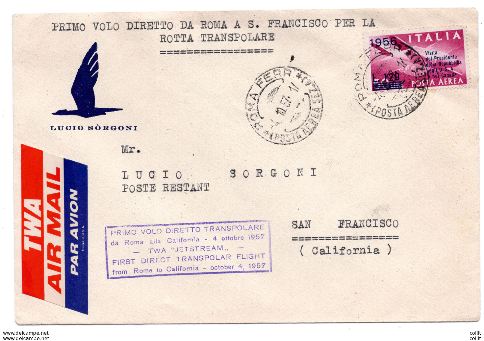 T.W.A. I° Volo Polare Roma/San Francisco - Aerogramma - Airmail