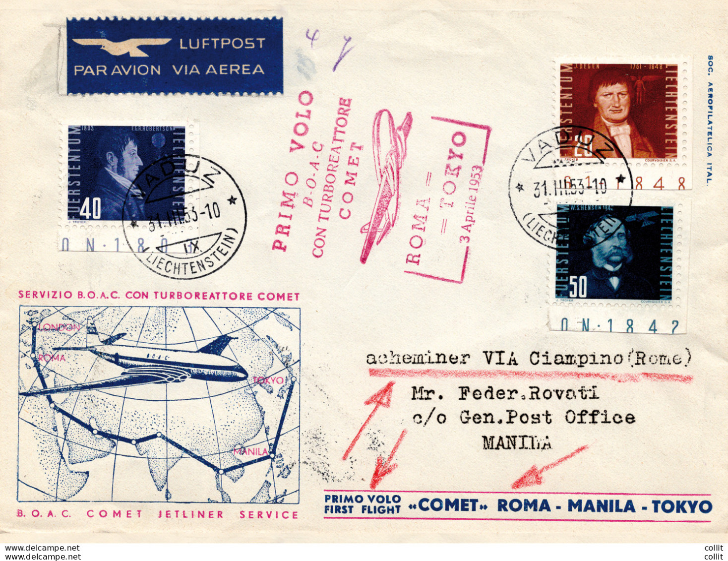 B.O.A.C. (Lussemburgo) Roma/Manila Del 3.4.53 - Aerogramma Speciale - Luchtpost