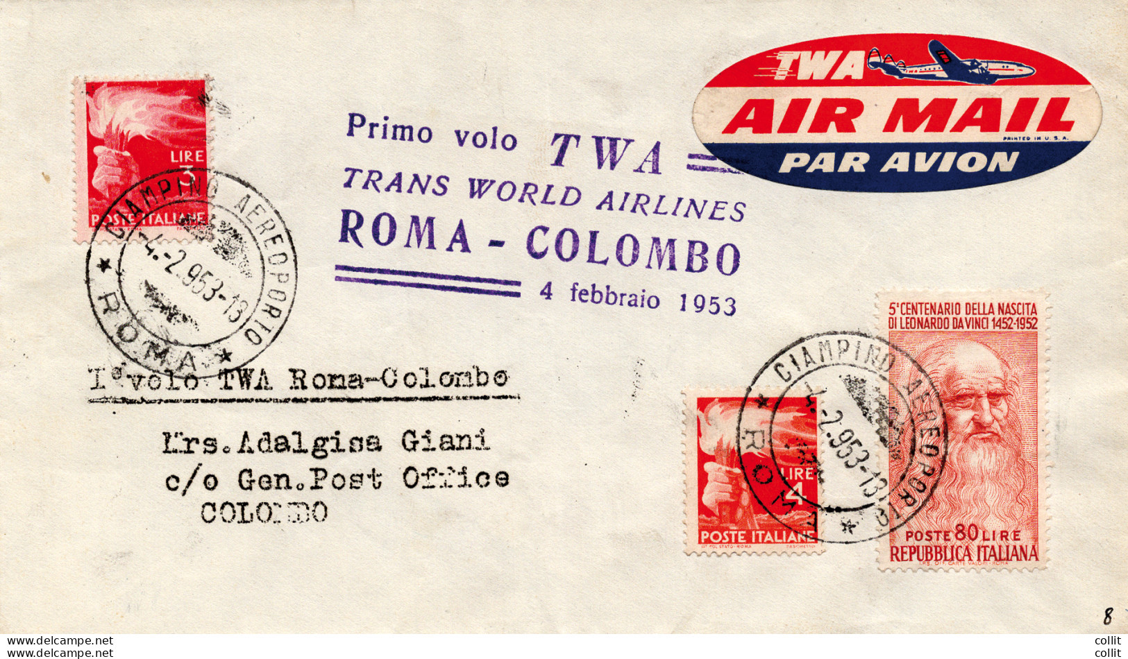 T.W.A. I° Volo Roma/Colombo Del 4.2.53 - Aerogramma Per Colombo - Airmail