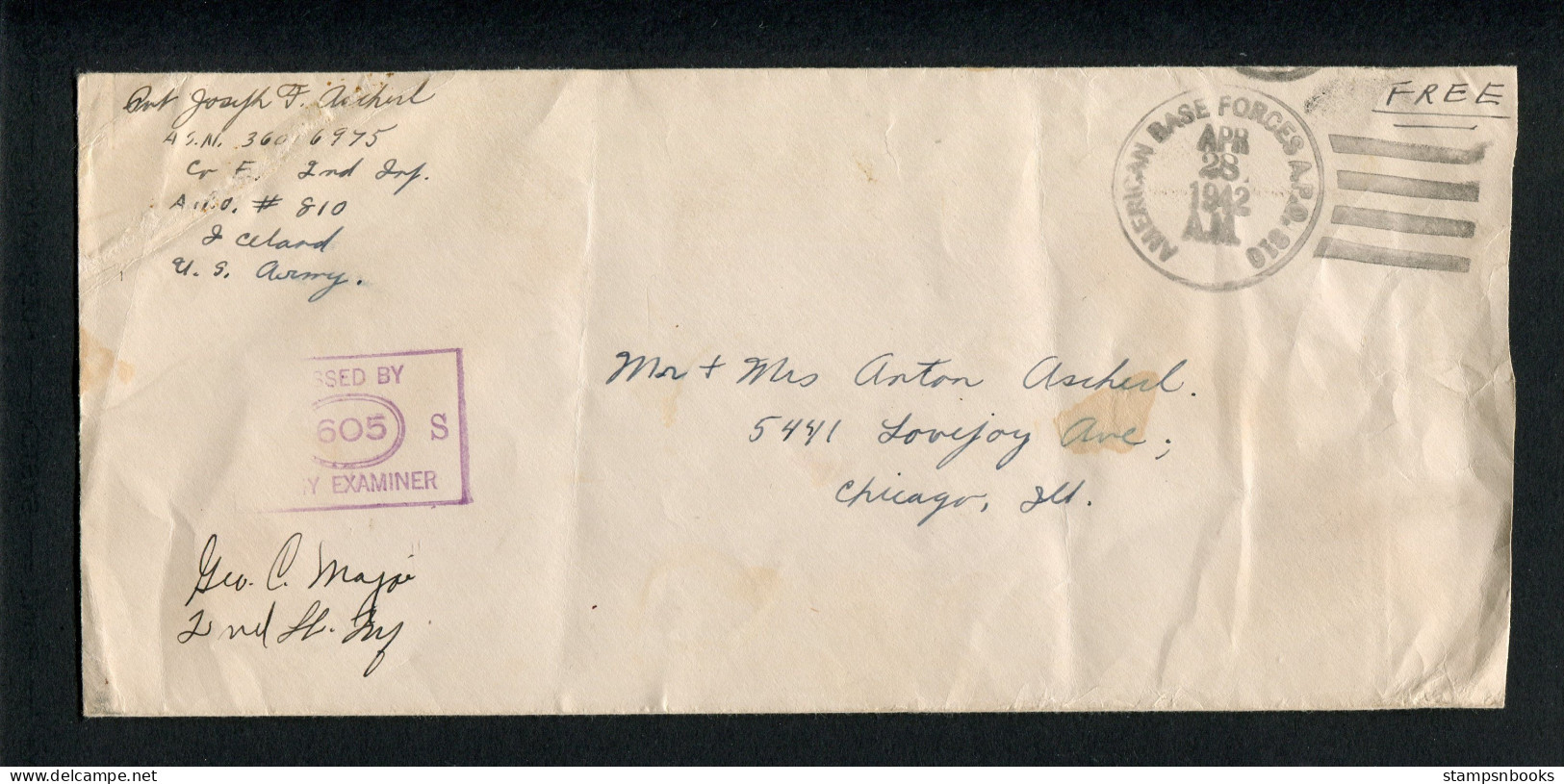 1942 Iceland USA American Base Forces A.P.O. 810 Censor Cover - Chicago (late Useage) - Storia Postale