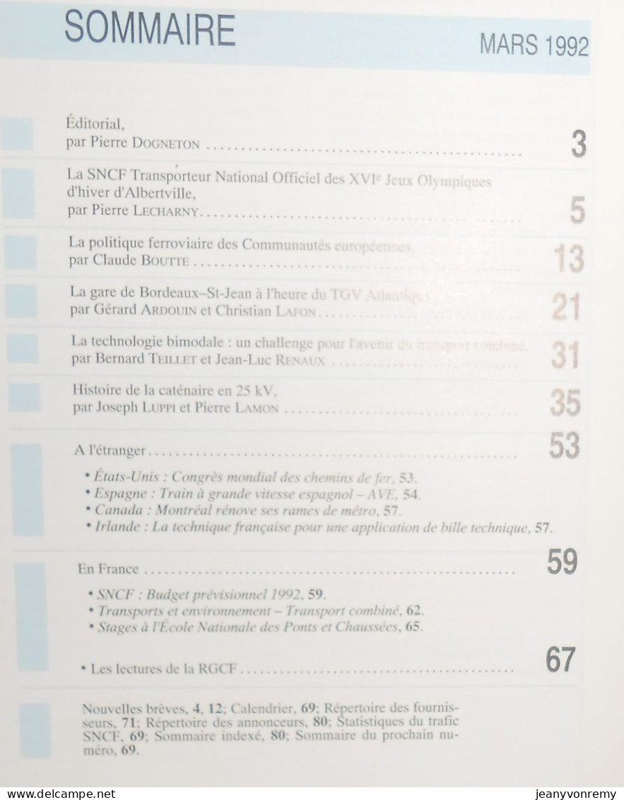 Revue Générale Des Chemins De Fer. N°3. Mars 1992.. - Ferrocarril & Tranvías