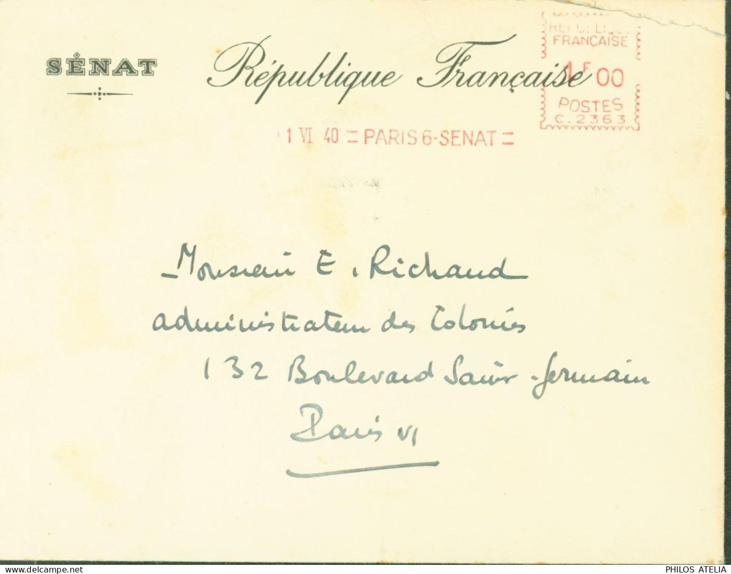 Guerre 40 Sénat République Française Machine à Affranchir EMA C.2363 1F 1 VI 40 PARIS 6 SENAT - Guerre De 1939-45