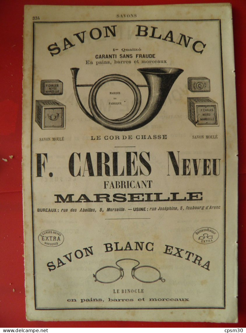 PUB 1884 - Savon Blanc F Carles Rue Abeilles Rue Joséphine 13 Marseille, Savon Ménage A Bertoux Rue Rigard 13 Marseille - Publicités