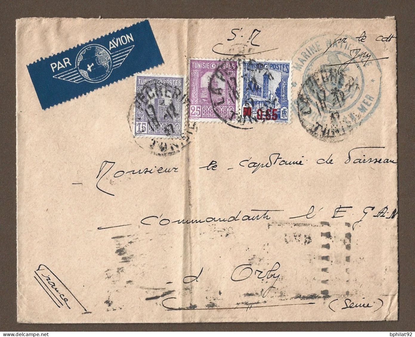 !!! TUNISIE, LETTRE PAR AVION DE LA PECHERIE, BIZERTE POUR LA FRANCE DE 1937, CACHET MARINE NATIONALE, SERVICE A LA MER - Airmail