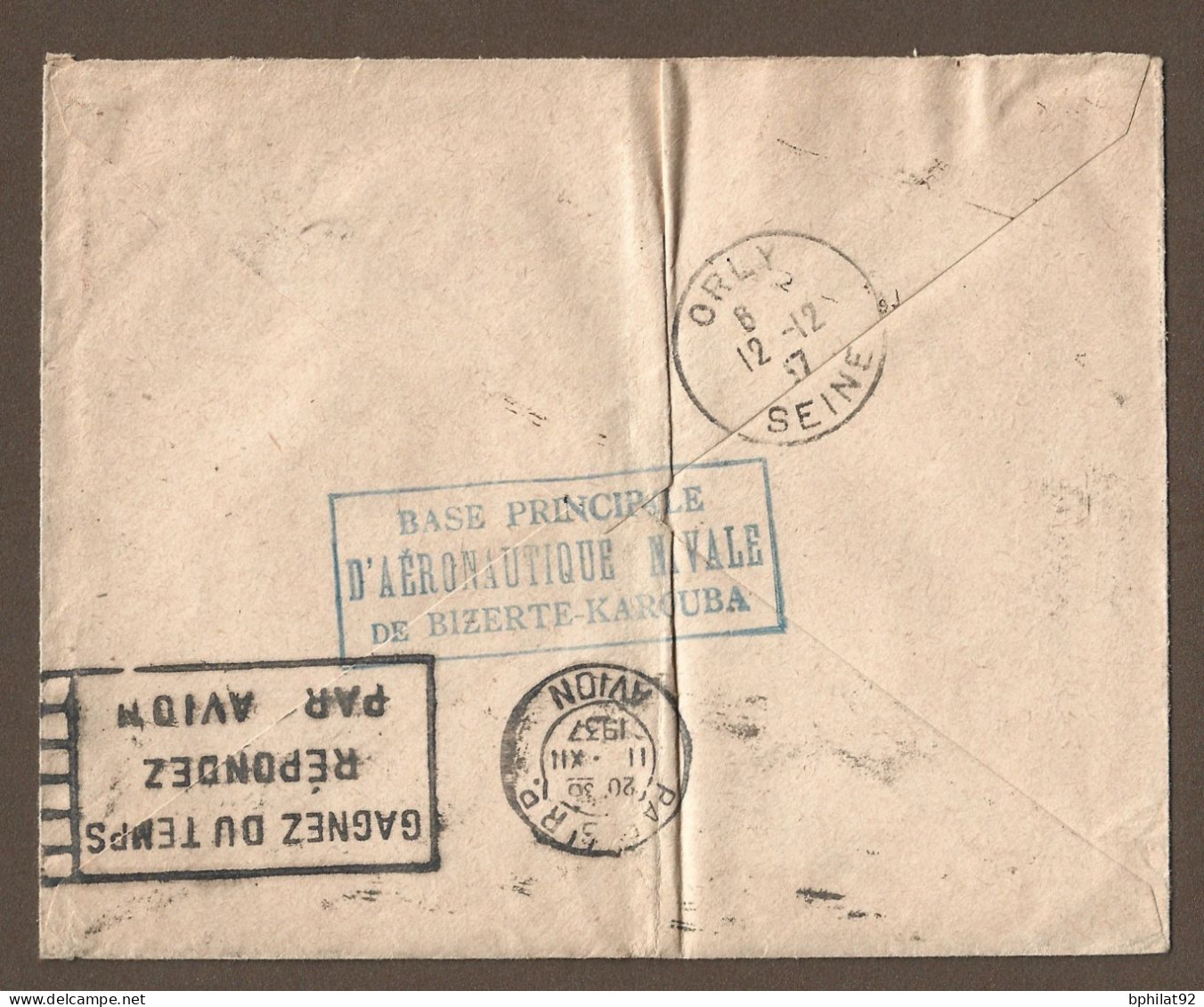 !!! TUNISIE, LETTRE PAR AVION DE LA PECHERIE, BIZERTE POUR LA FRANCE DE 1937, CACHET MARINE NATIONALE, SERVICE A LA MER - Poste Aérienne