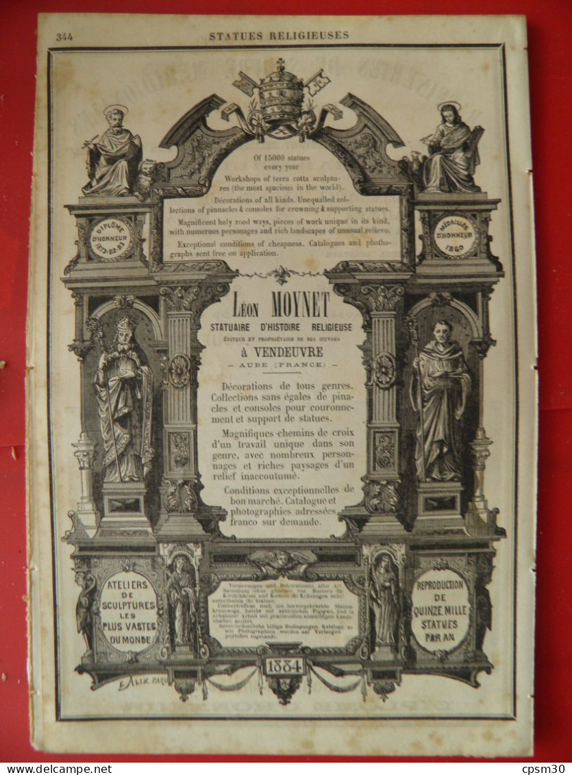 PUB 1884 - Raffinerie Souffre L Vezian 13 Marseille, Statues Religieuses L Moynet 10 Vendeuvre - Publicités