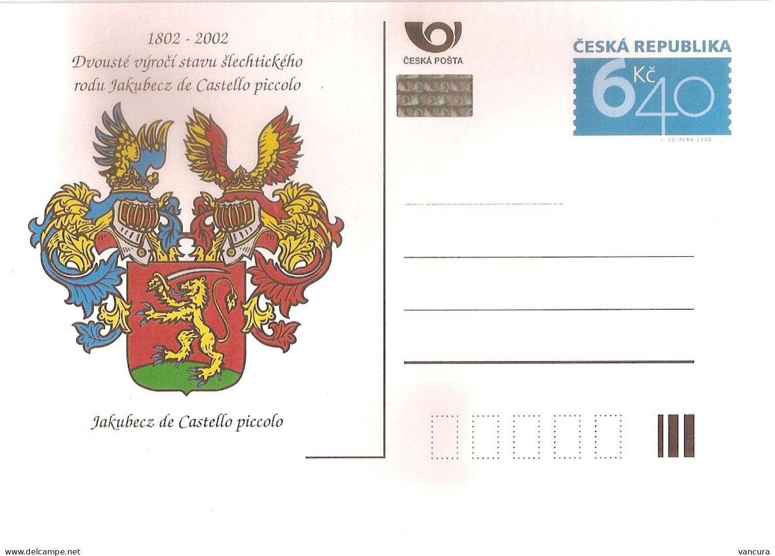CDV B 414 Czech Republic Weapon Of Jakubetz De Castello - Heraldic Lion 2002 NOTICE POOR SCAN, BUT THE CARD IS FINE! - Autres & Non Classés