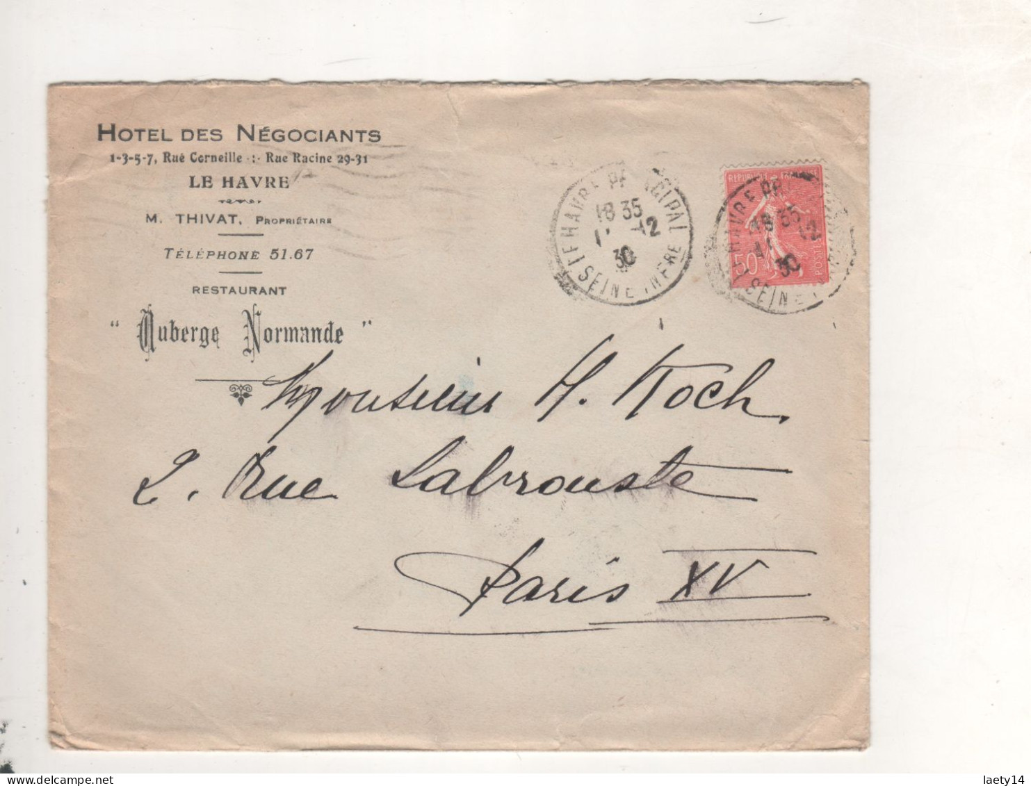 Lettre France Pub Hotel Des Negociants Le Havre - Cartas & Documentos