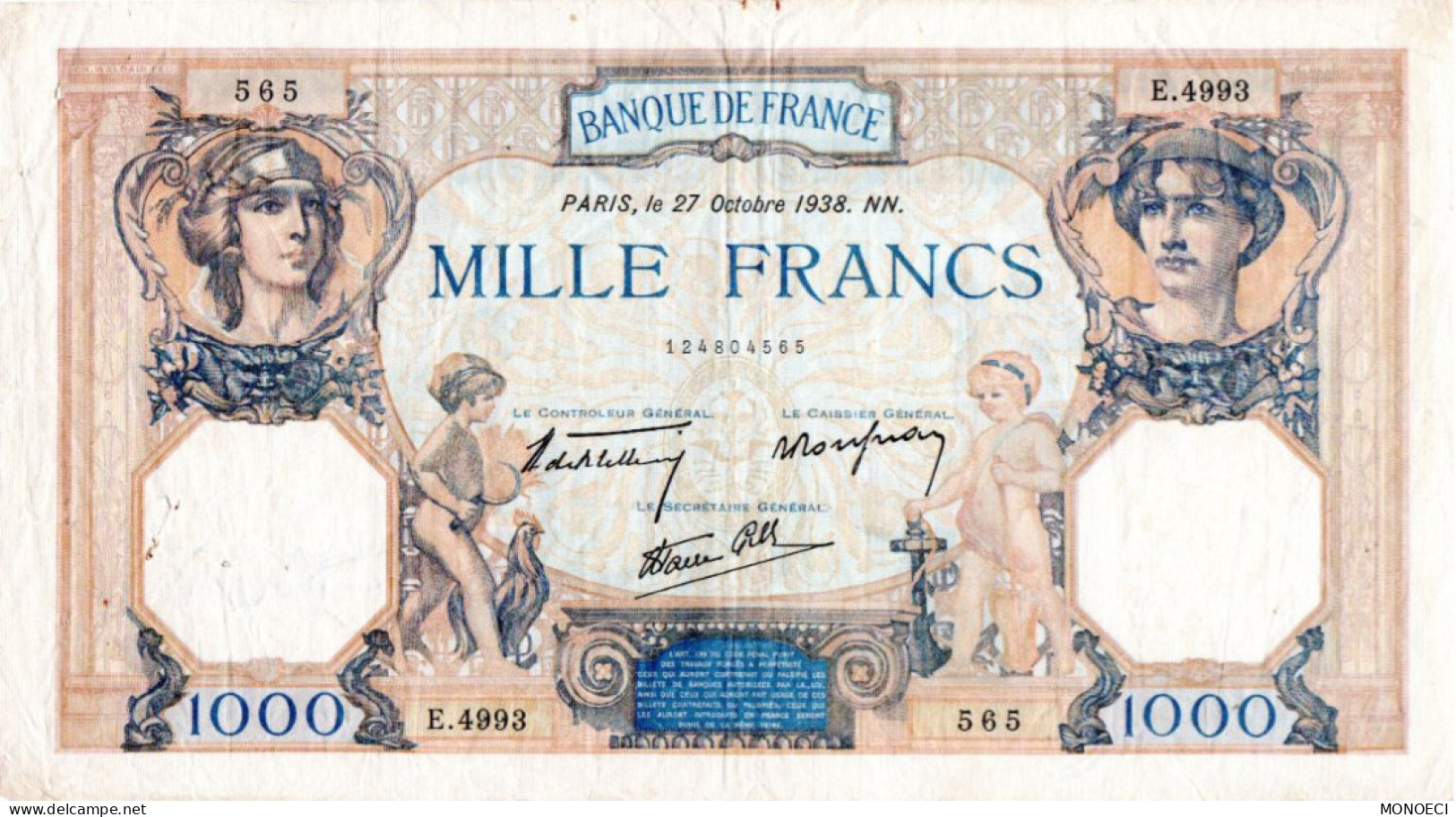 FRANCE -- Biillet De Banque De France 1 000 Francs "  Cérès Et Mercure " - 1 000 F 1927-1940 ''Cérès E Mercure''