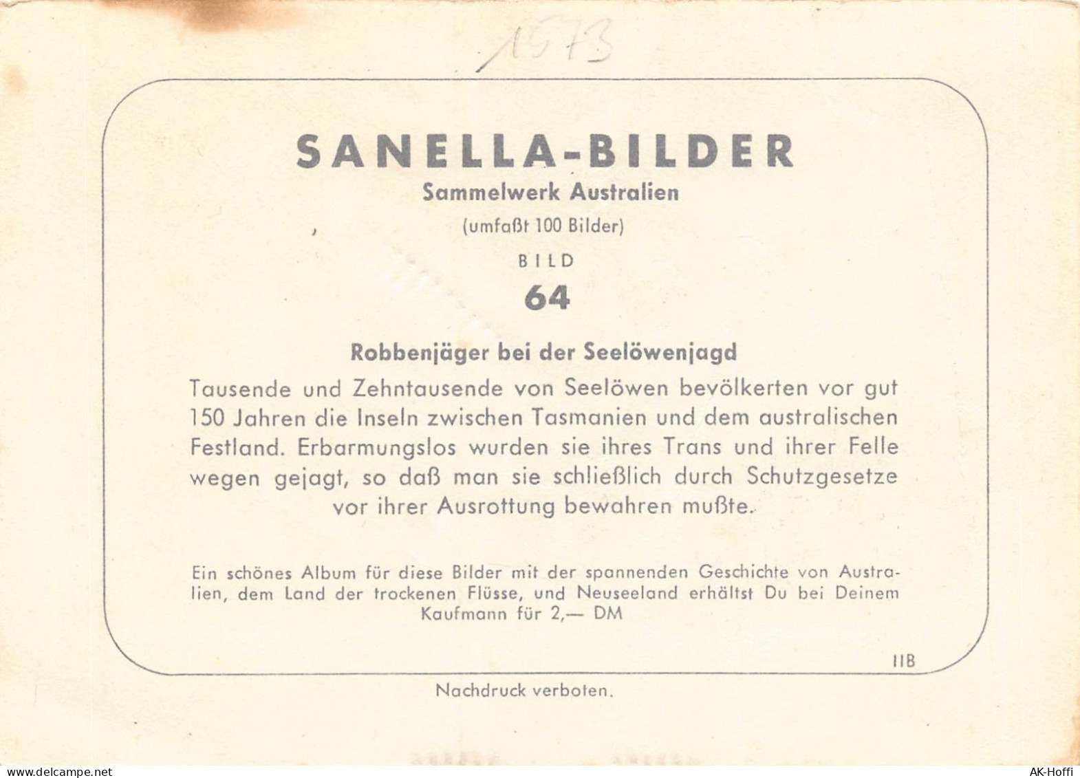 SANELLA-BILDER - Robbenjäger Bei Der Seelöwenjagd Sammelwerk Australien Nr.64 - Tiere