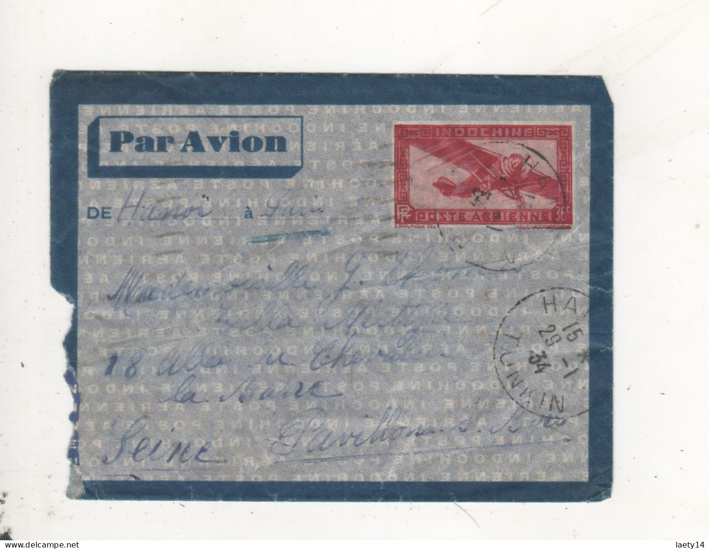 Entiers Postaux De Hanoi A Paris 1934 Dos Cachet Marseille Gare Avions - Poste Aérienne