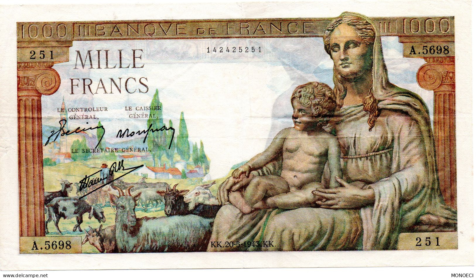 FRANCE -- Biillet De Banque De France -- Mille Francs -- Type " Déesse Déméter " 1943 - 1 000 F 1942-1943 ''Déesse Déméter''