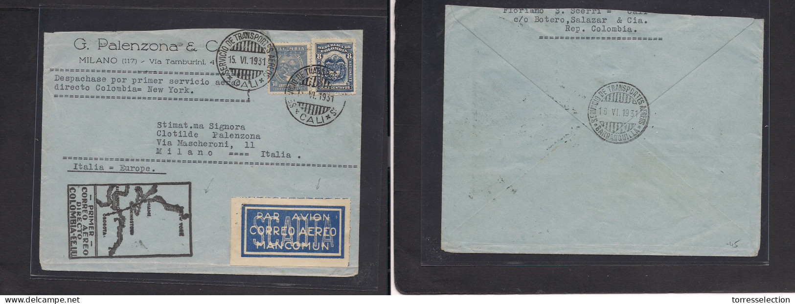 COLOMBIA. 1931 (15 June) Cali - Italy, Milano, Via Barranquille (16 June) First Airmail Cachet SCHDTA Issue Via USA. VF  - Colombia