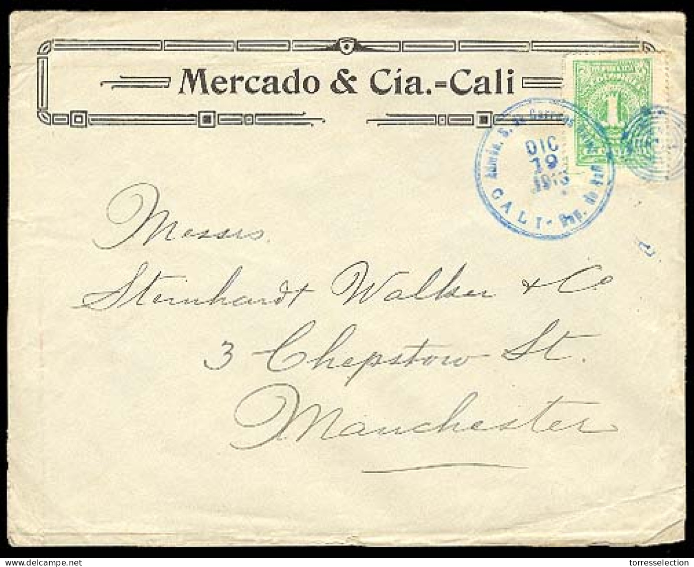 COLOMBIA. 1913 (Dec. 19). Sc. 315. Cali To Manchester, UK. Printed Matter Rate Envelope. VF. - Colombia