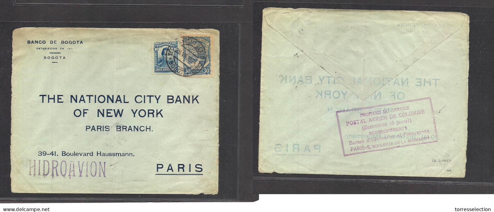 COLOMBIA. 1924 (28 July) Bogota - France, Paris. Air Hidroavion Multifkd Envelope, With Reverse France "Columbia Airmail - Colombia