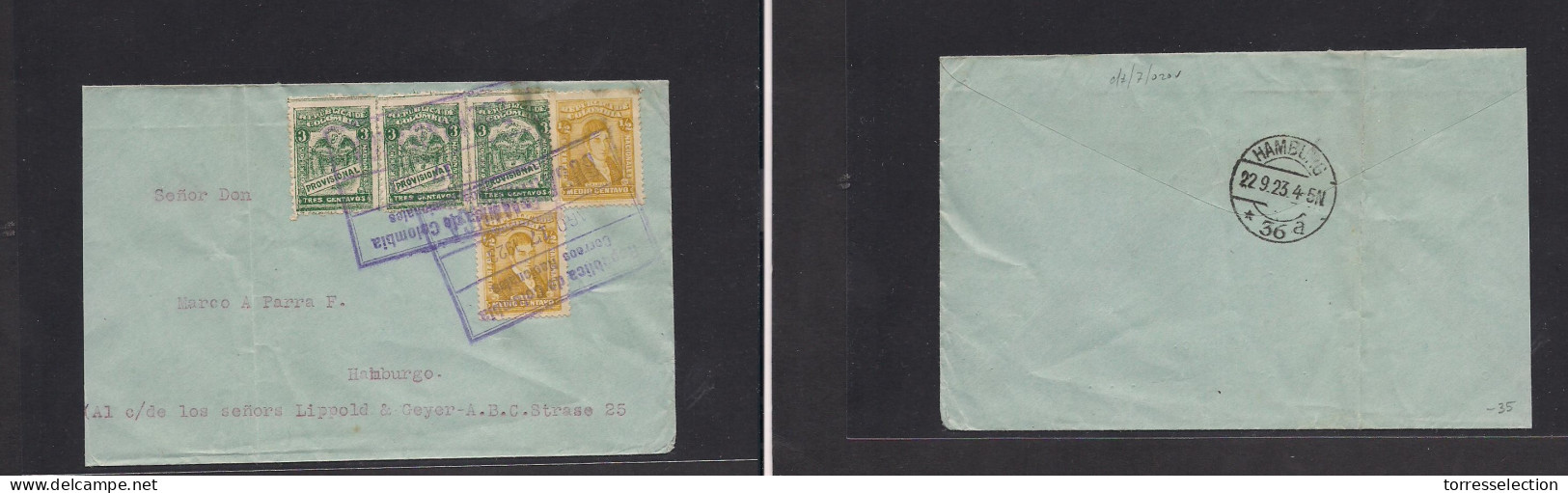 COLOMBIA. 1923 (17 Aug) Bucamaranga - Germany, Hamburg (22 Sept) Multifkd Env, Mixed Issues + Boxed Ds. - Colombia