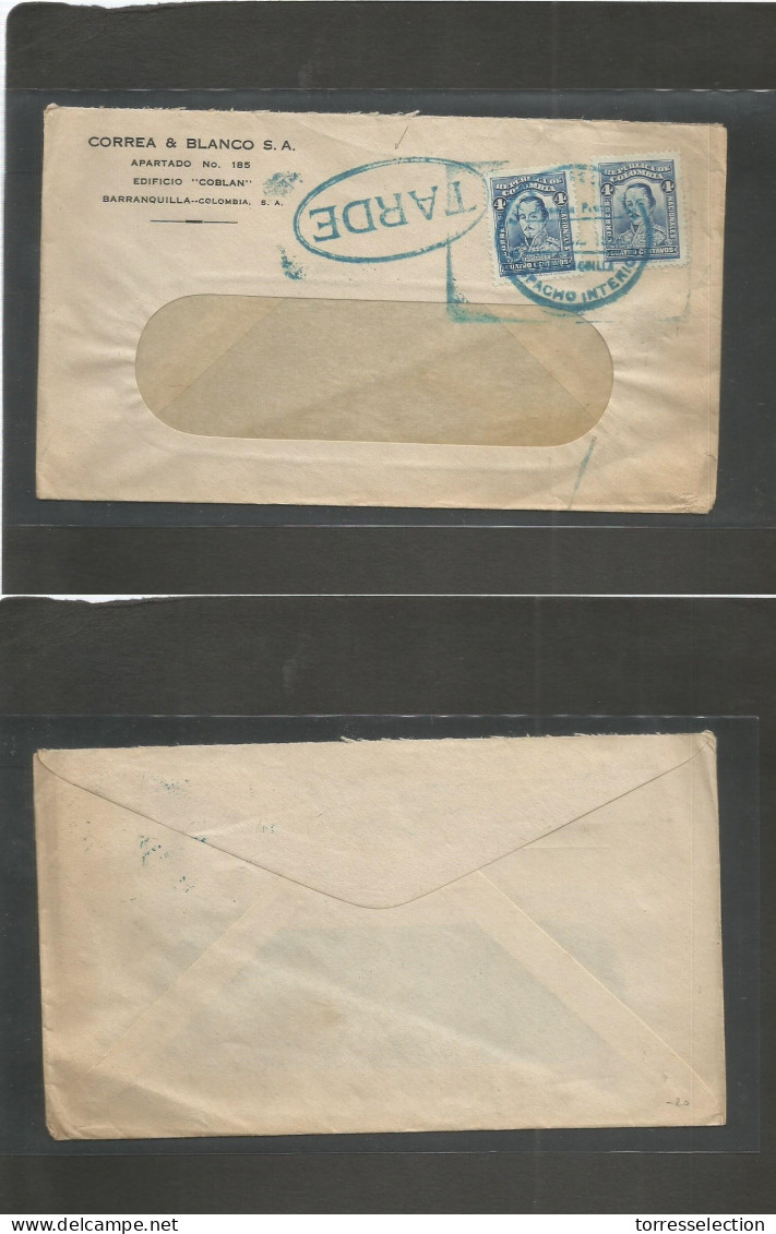 COLOMBIA. 1919. Barranquilla International Usage Rate. Fkd Env At 8c Rate + Blue Cds + Oval "TARDE" (xxx) VF. - Colombia