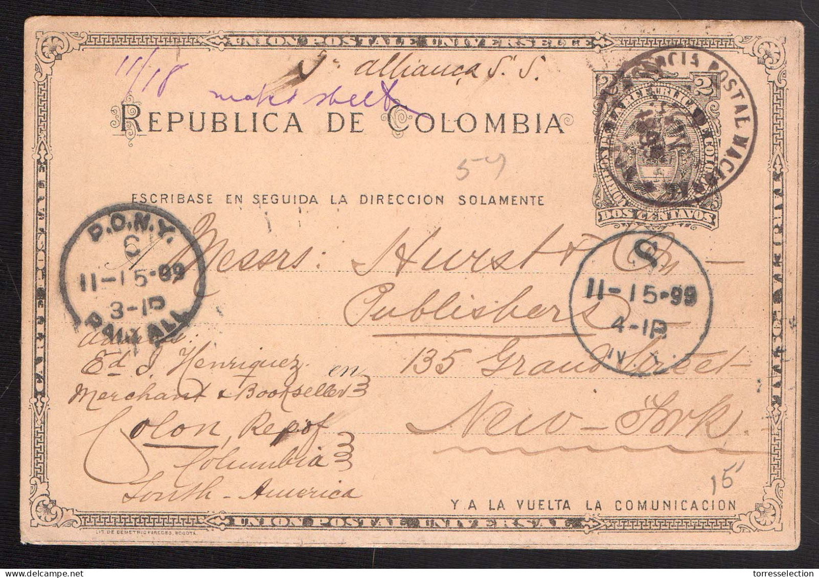 COLOMBIA. 1899 (8 Nov). Colon / Panama - USA / NY (15 Nov). 2cts Block Stat Card. SS Allianza. - Colombia