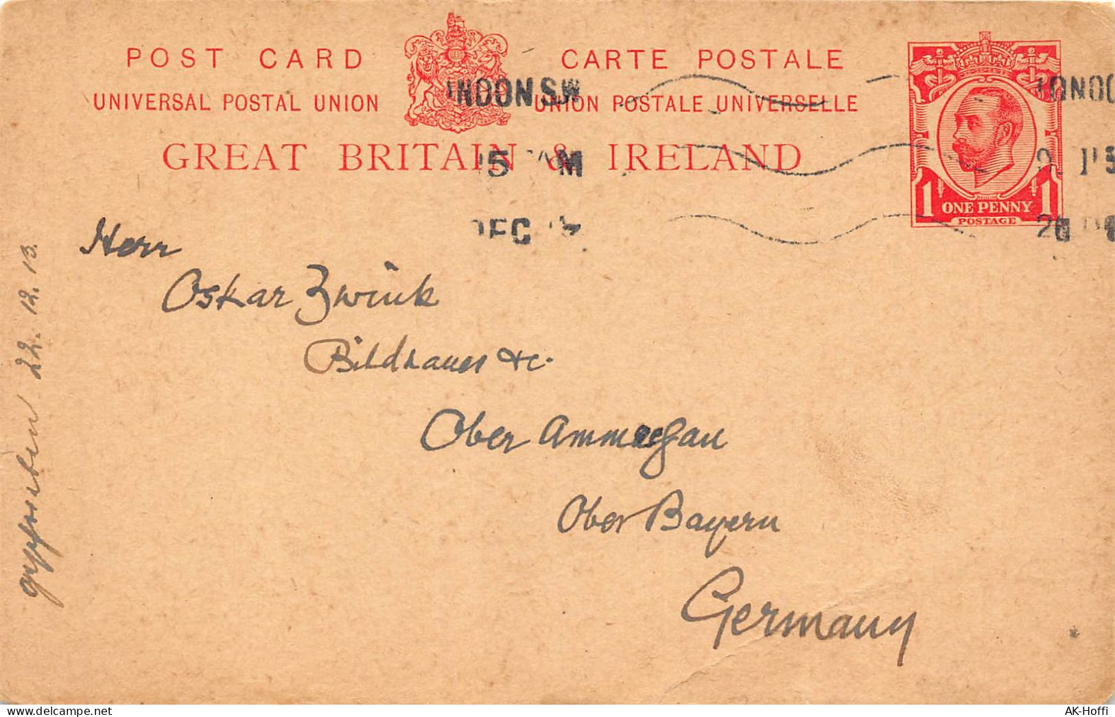 Ganzsache Irland Gelaufen 1913 Nach Oberammergau Deutschland - Entiers Postaux