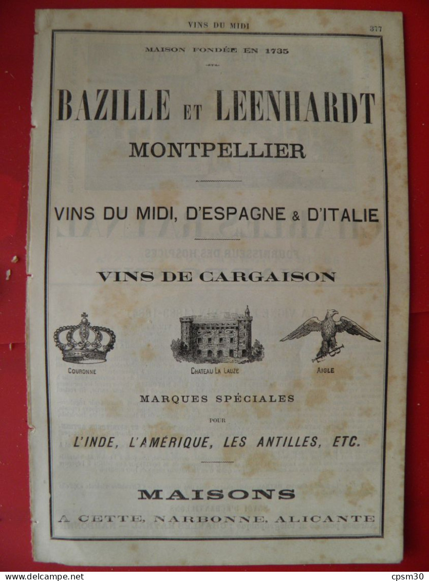 PUB 1884 - Vins Du Midi D'Espagne D'Italie Vins De Cargaison Bazille & Leenhardt 34 Montpellier, Ch Raynal 11 Narbonne - Publicités