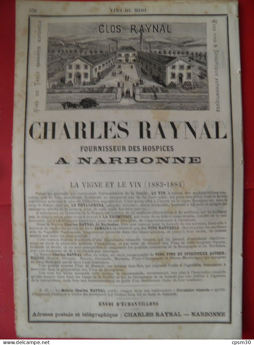 PUB 1884 - Vins Du Midi D'Espagne D'Italie Vins De Cargaison Bazille & Leenhardt 34 Montpellier, Ch Raynal 11 Narbonne - Publicités