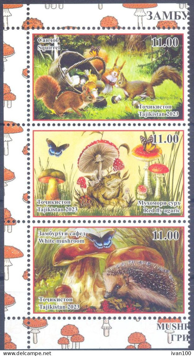 2023. Tajikistan, Mushrooms. Butterflies, Animals, 3v, Perforated, Mint/** - Tajikistan