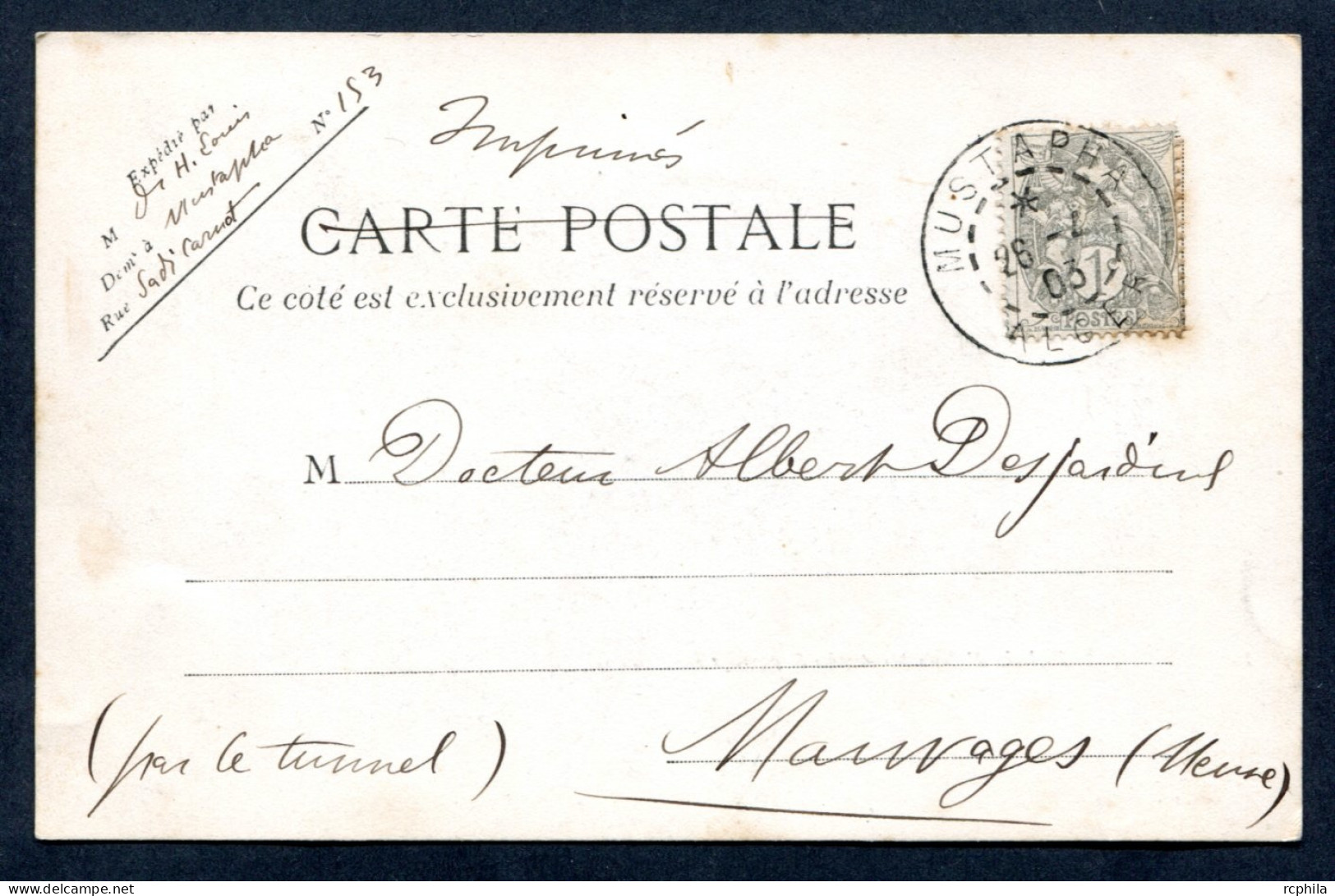 RC 27114 ALGERIE 1903 - 1c TYPE BLANC OBL. MUSTAPHA ALGER SUR CARTE POSTALE AU TARIF IMPRIMÉ POUR LA FRANCE - Cartas & Documentos