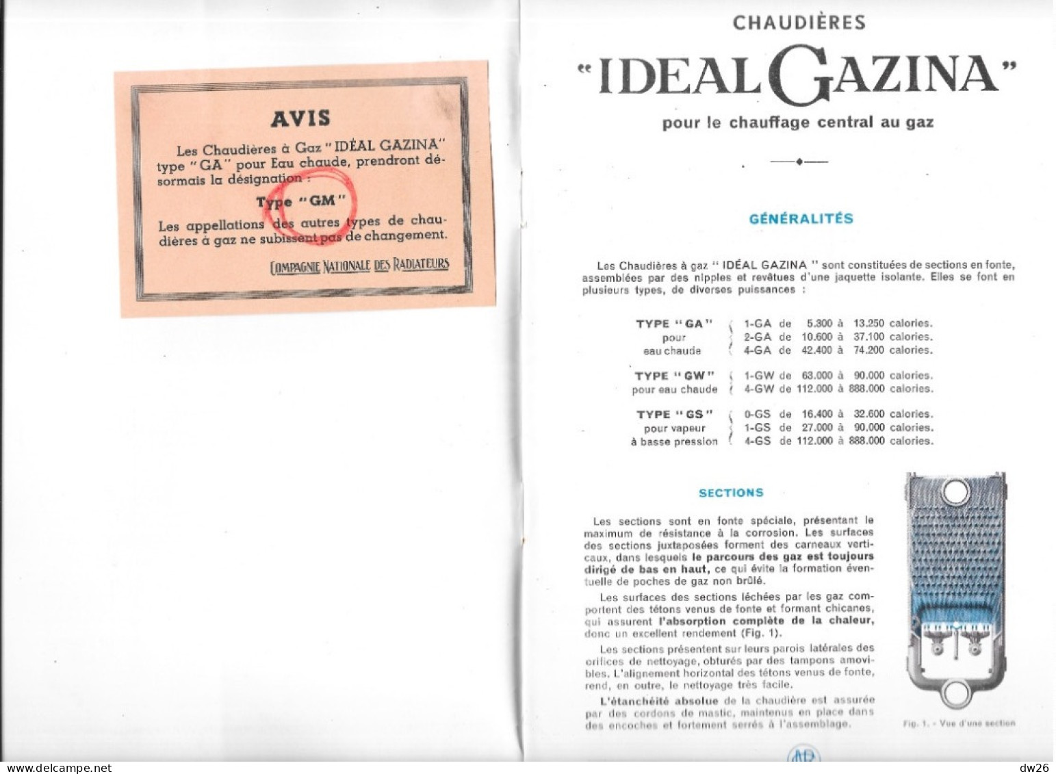 Document Commercial - Livret Chaudières à Gaz Idéal Gazina (Compagnie Nationale Des Radiateurs, Paris) - Elektriciteit En Gas