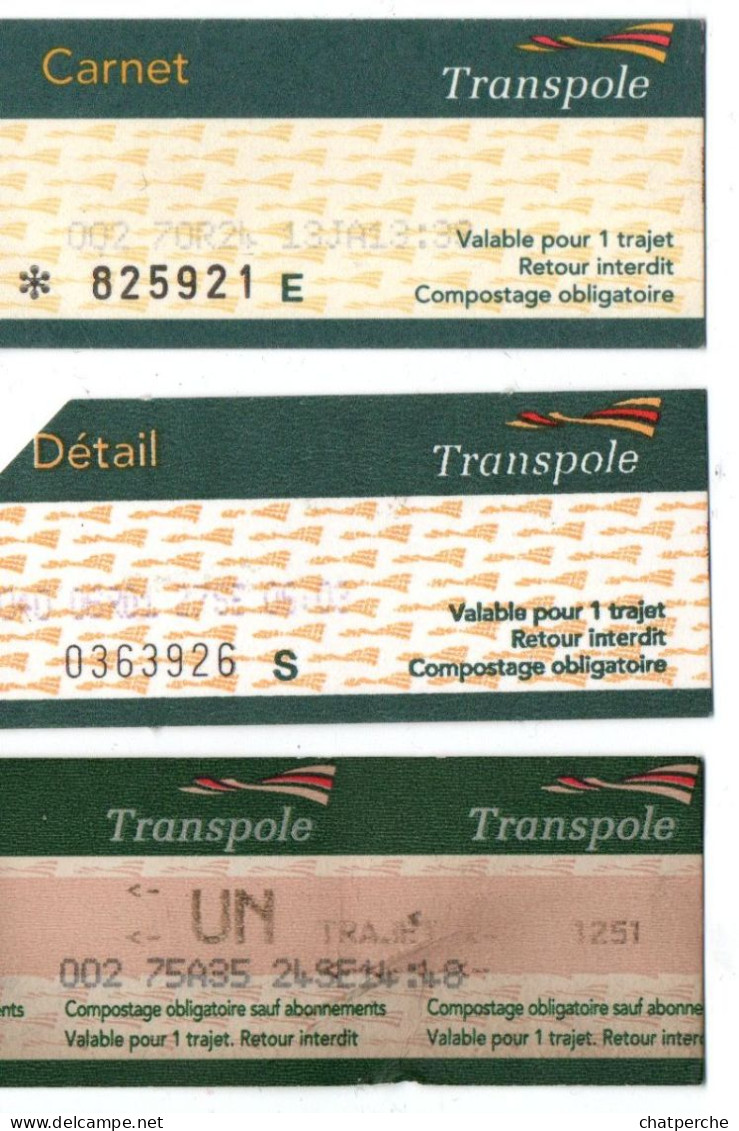 BILLET TICKET ENTREE TRANSPORT AUTOBUS LOT 3 BILLETS DIFFERENTS TRANSPOLE  LILLE 59 NORD METRO AUTOBUS TRAMWAY - Europa