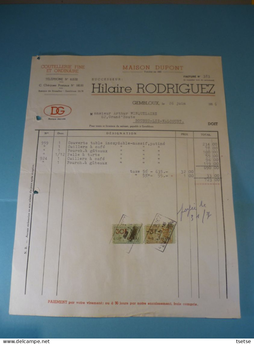 Ancienne Facture - Hilaire Rodriguez - Coutellerie Fine / Gembloux - 1956 - 1950 - ...