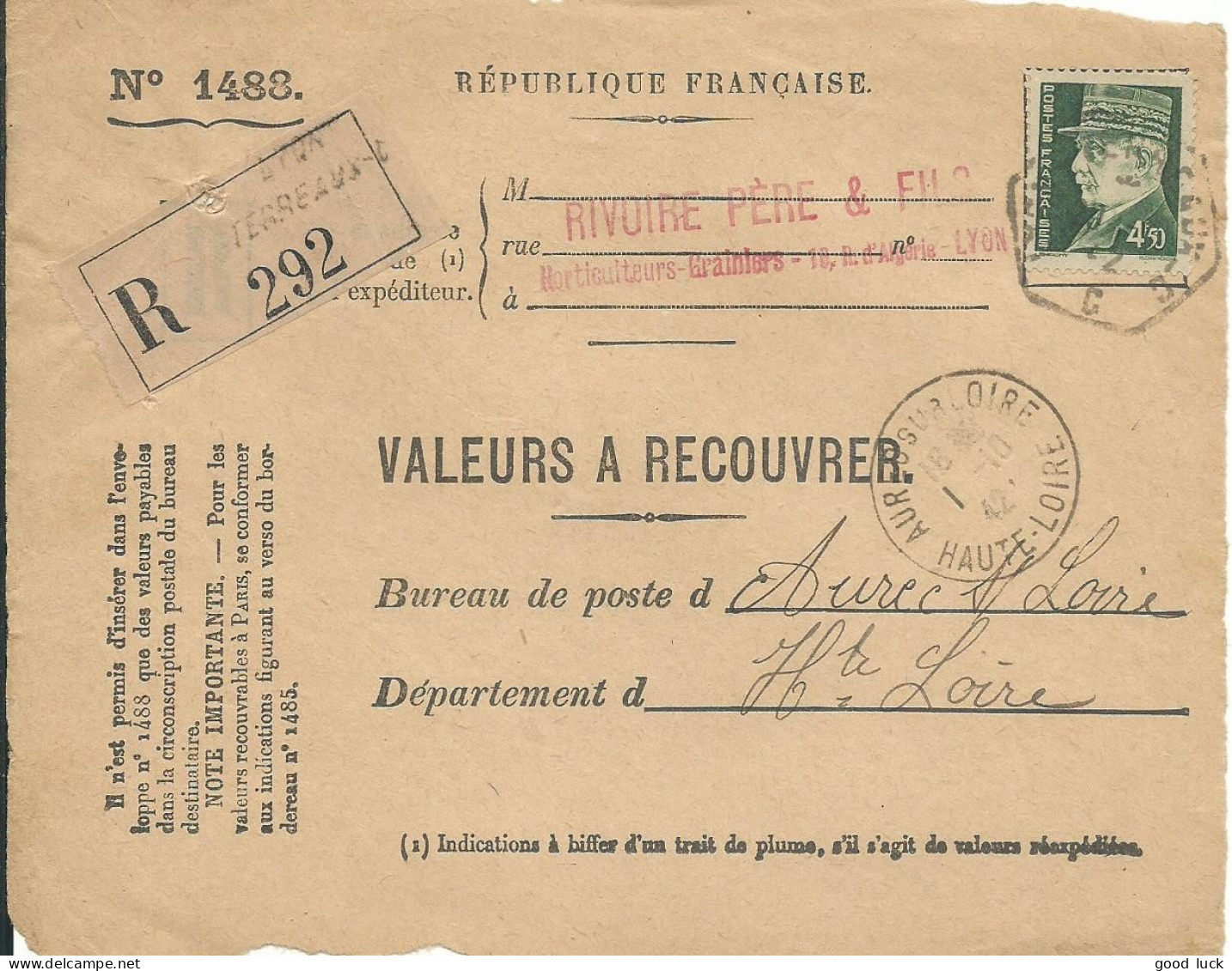 FRANCE LETTRE RECOMMANDE VALEURS A RECOUVRER 4F50 LYON POUR AUREC ( HAUTE LOIRE ) DE 1942 LETTRE COVER - 1941-42 Pétain