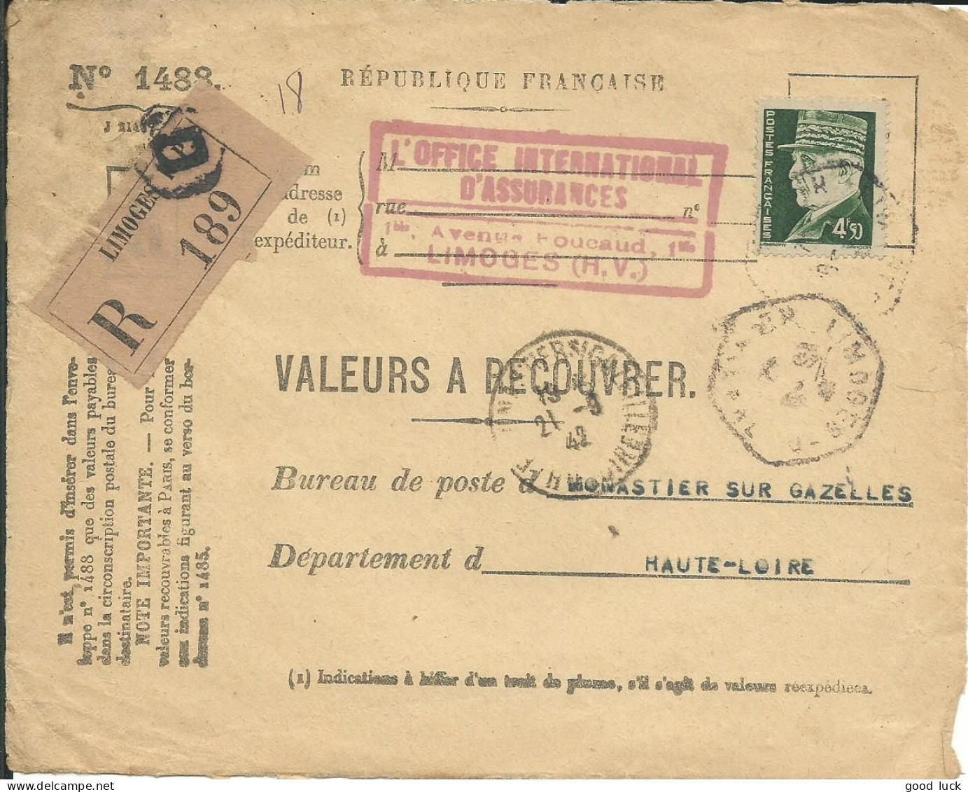 FRANCE LETTRE RECOMMANDE VALEURS A RECOUVRER 4F50 LIMOGES POUR MONASTIER ( HAUTE LOIRE ) DE 1942 LETTRE COVER - 1941-42 Pétain