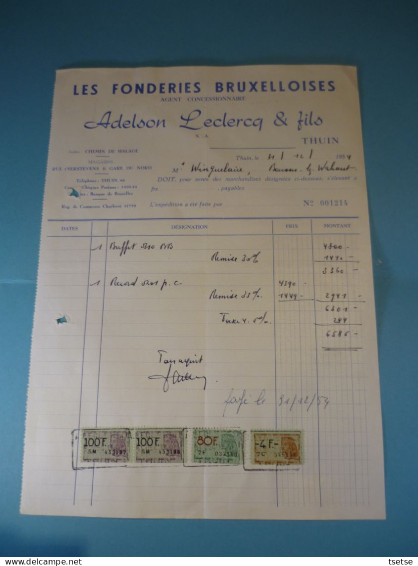 Ancienne Facture - Adelson Leclercq & Fils - Les Fonderies Bruxelloises / Thuin - 1954 - 1950 - ...