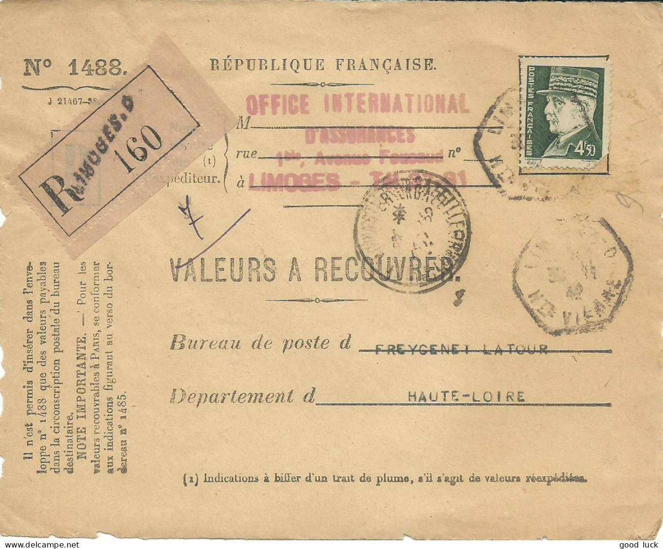 FRANCE LETTRE RECOMMANDE VALEURS A RECOUVRER 4F50 LIMOGES POUR FRECENE ( HAUTE LOIRE ) DE 1942 LETTRE COVER - 1941-42 Pétain