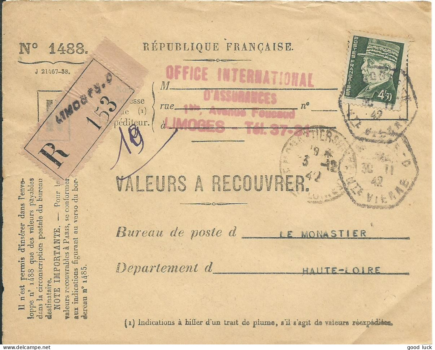 FRANCE LETTRE RECOMMANDE VALEURS A RECOUVRER 4F50 LIMOGES POUR MONASTIER ( HAUTE LOIRE ) DE 1942 LETTRE COVER - 1941-42 Pétain