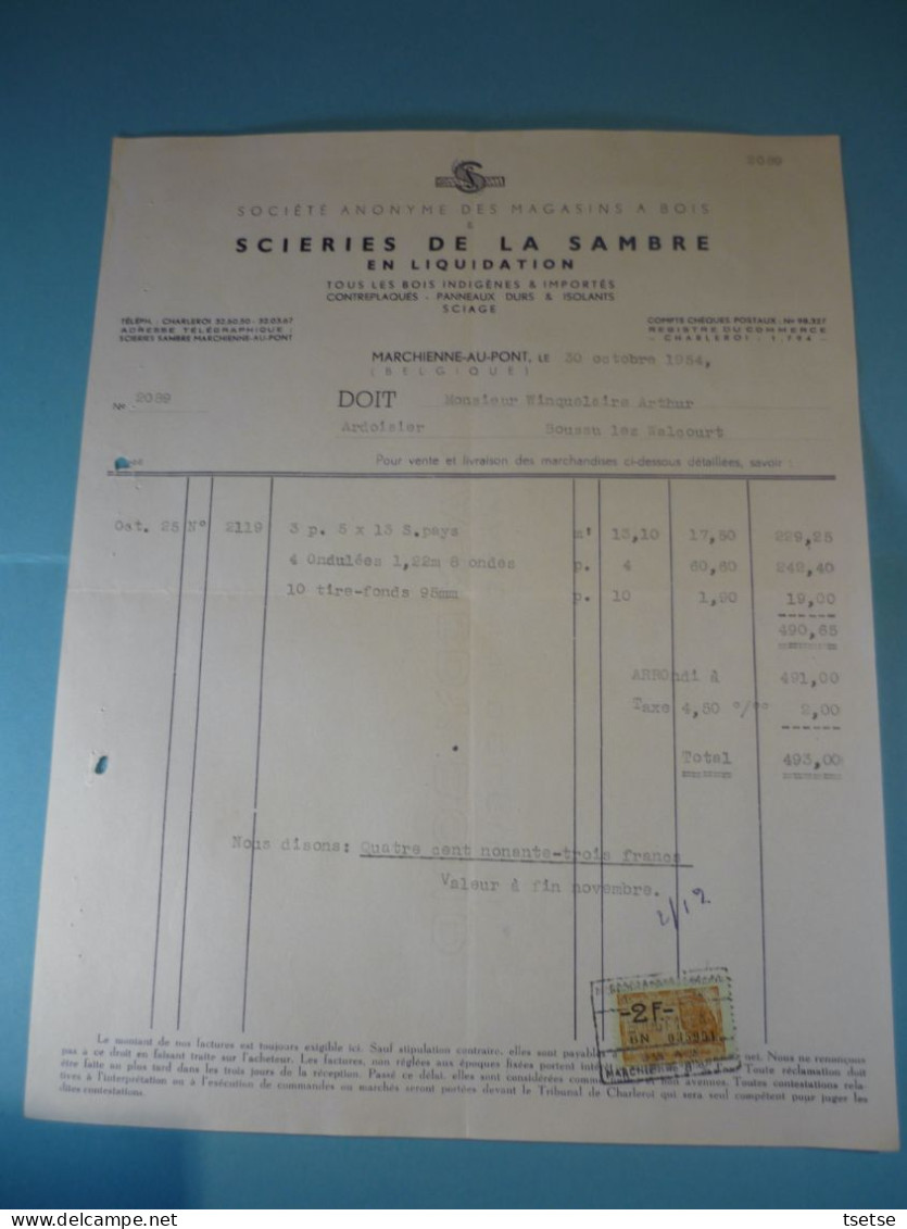 Ancienne Facture - Scierie De La Sambre / Marchienne-au-Pont - 1954 - 1950 - ...